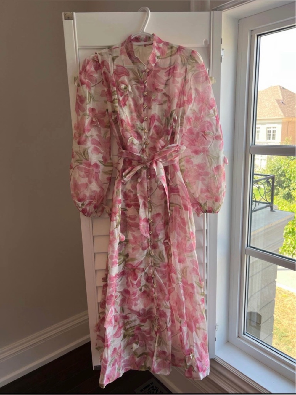 Soft Pink Floral Midi Dress with Tie Waist S/M